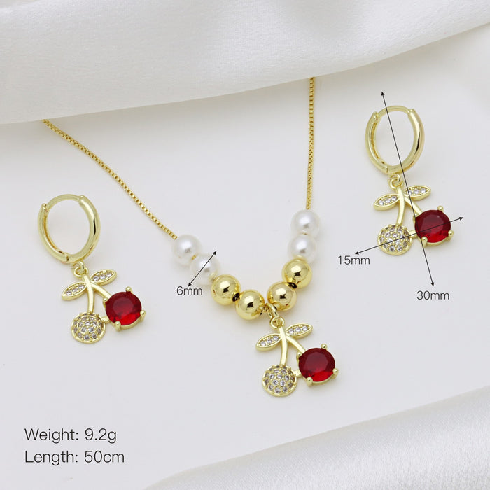 Wholesale Cherry Fruit with Color Zirconium Earrings Necklace Combination suit Copper Beads with Pearl