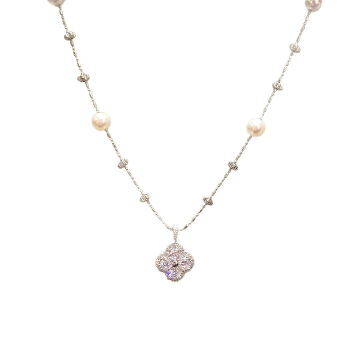 Wholesale Trendy Lucky Clover Zircon Flower Pearl Necklace Titanium Steel Fashion Jewelry Accessory For Women