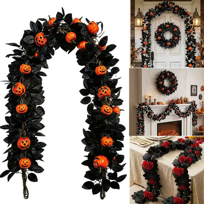 Wholesale  Decor Artificial Pumpkin Vine With Black Roses And Maple Leaves Chic Fabric Garland For Party Outdoor Resale