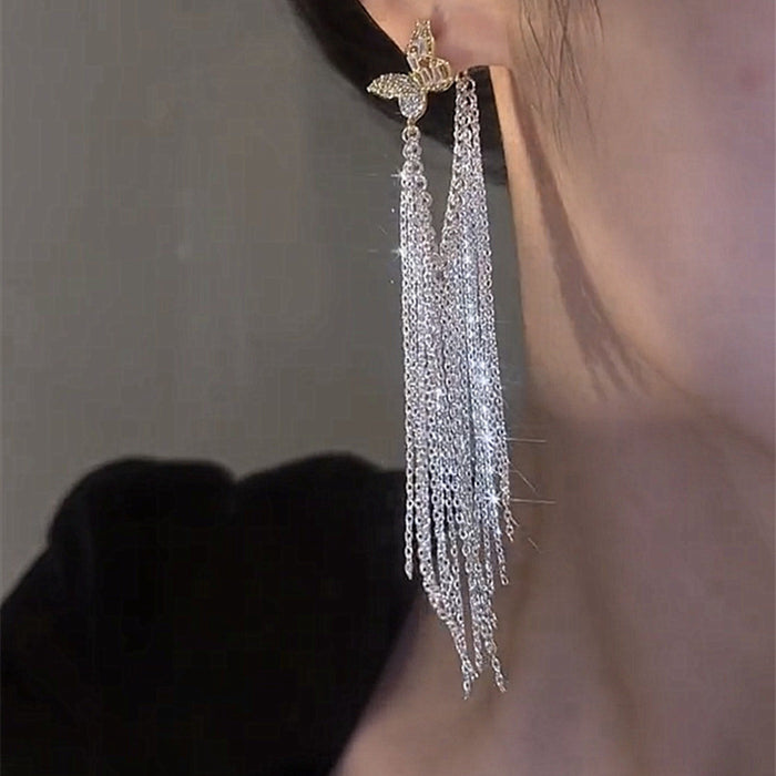 Wholesale Silver Needle Zircon Butterfly Tassel Earrings JDC-ES-HuiHe011