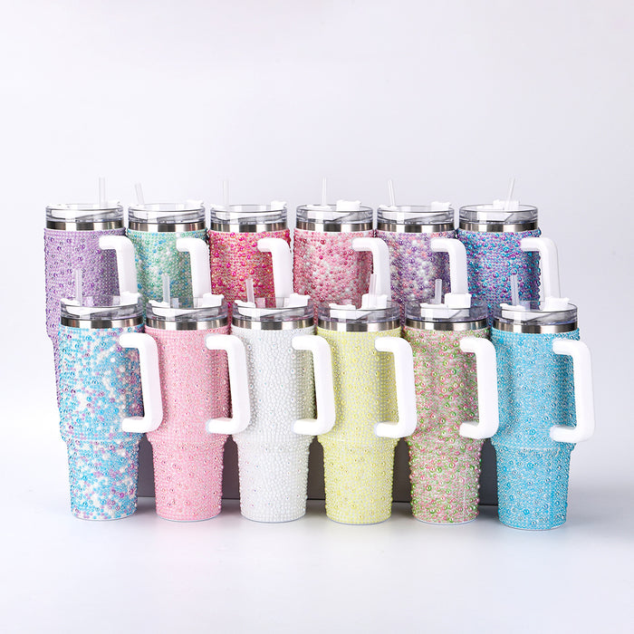 Wholesale Stainless steel pearl insulation cup,  large capacity,  pearl inlaid car cup,  40oz handle,  straw sticker,  diamond ice cup