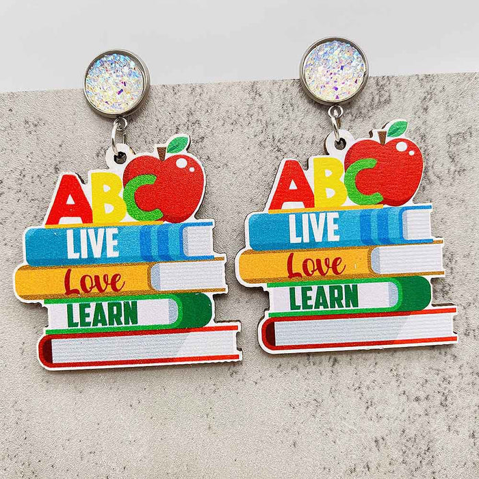 Wholesale Teacher' s Day Earrings Pencil Book Wooden Earrings Glitter Earrings