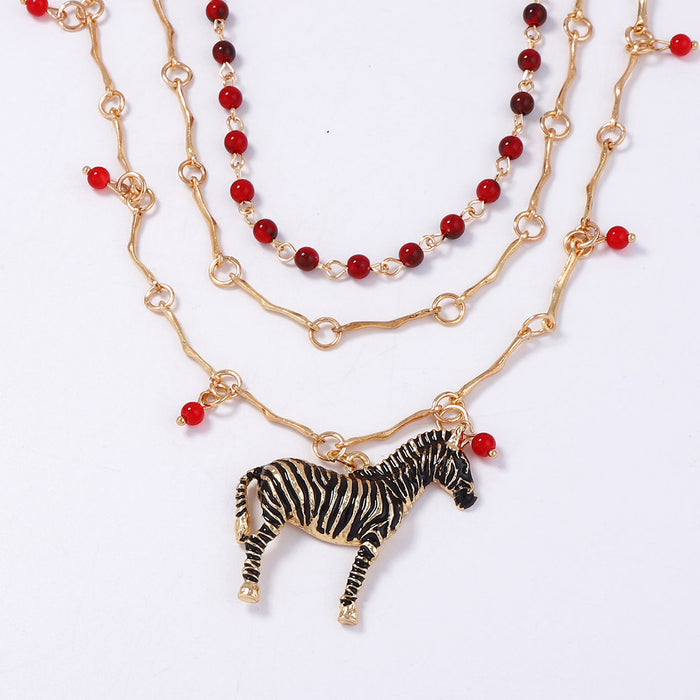 Wholesale Multi-layer Stacked Beaded Chain Necklace Alloy Zebra Pendant Necklace