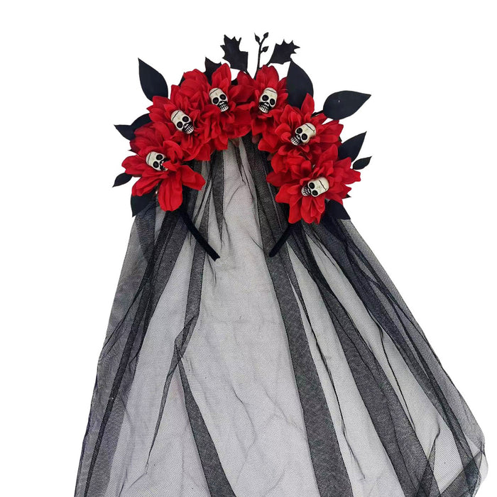 Wholesale Dark Style  Witch Mesh Headband With Skull Buckle And Faux Flower For Party Costume Accessory Resale