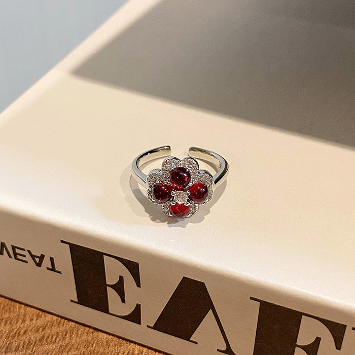 Wholesale Minimalist round bead flower ring with niche design, butterfly purple diamond layered with heart-shaped index finger ring