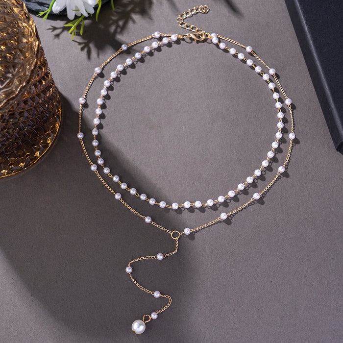 Wholesale Y-shaped Imitation Pearl Tassel Double-layer Necklace Accessories