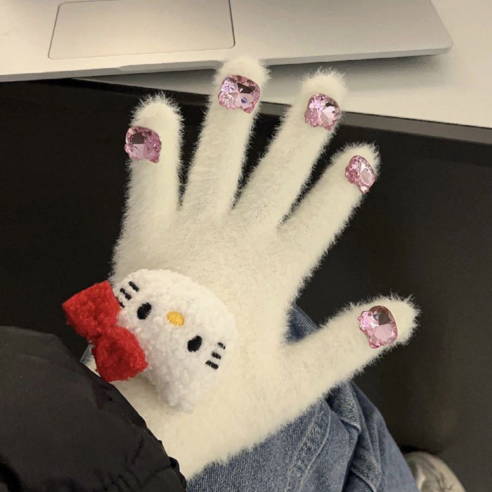 Wholesale Cute Diamond Gloves women' s winter warm glutinous  plush gloves thickened warm student Five Finger Set