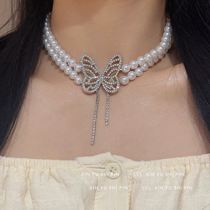 Wholesale Butterfly tassel necklace, double-layer layered versatile heart pendant, collarbone chain