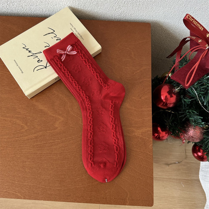 Wholesale Red Socks Children's Middle Socks Flower Bow Pile Cotton Socks