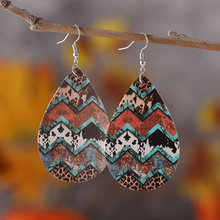 Wholesale Ethnic Leopard Dairy Pattern Turquoise Pattern Water Drop Earrings Women PU Double-sided Earrings