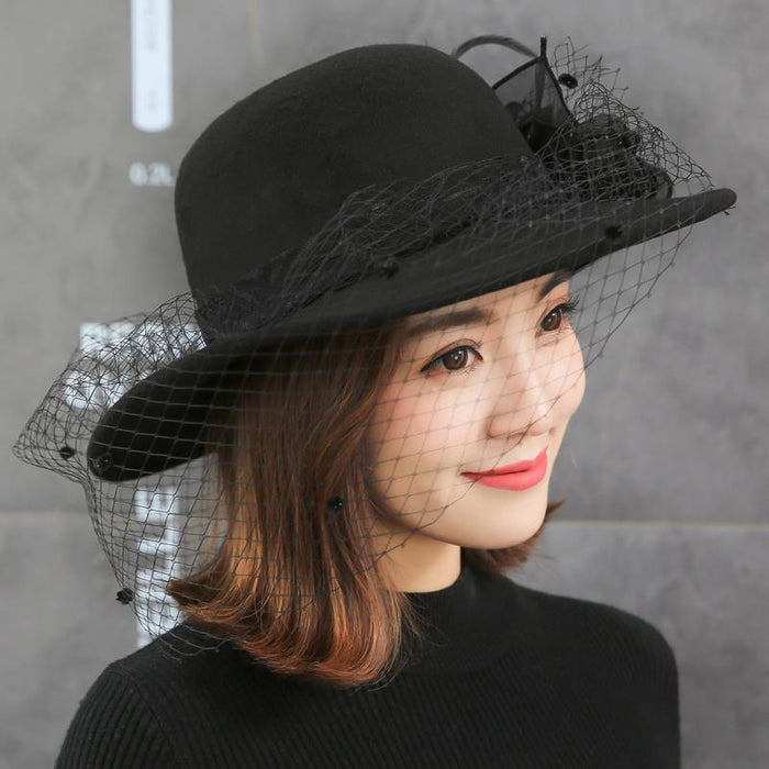 Wholesale Women's Large Brimmed Autumn/winter Woolen Hat Mesh Vintage Black Round Top Pillbox Hat