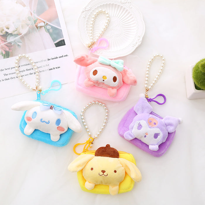 Wholesale Cute Sanrio Plush Coin Purse Female Creative Cartoon Coin Bag ID Bag Pearl Lanyard Gift JDC-WT-XG003