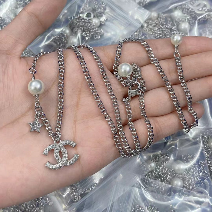 Wholesale Double C letter enamel camellia pearl long necklace