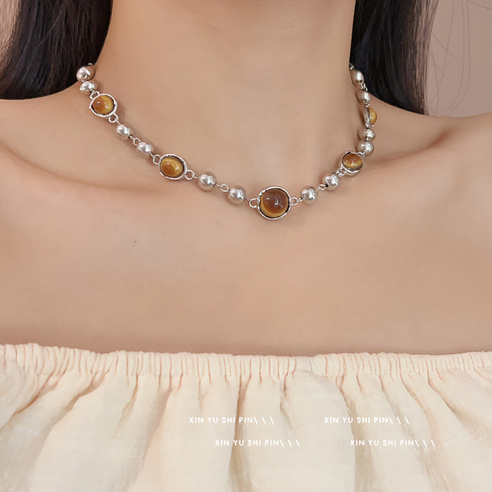 Wholesale Imitation tiger eye stone retro bead necklace, light luxury, niche, collarbone chain, high-end accessory