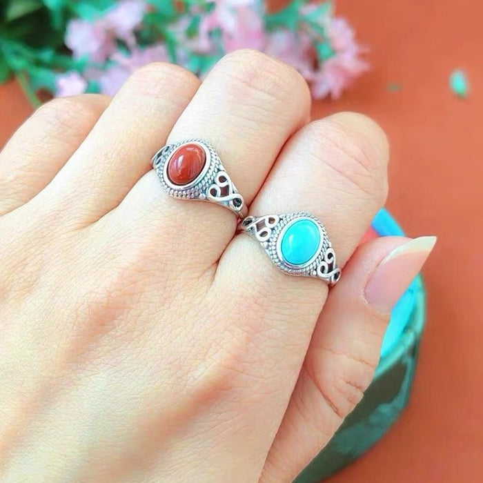 Wholesale Silver Rhyme 925 Sterling Silver Southern Red Turquoise Mongolian Ethnic Style Live Ring