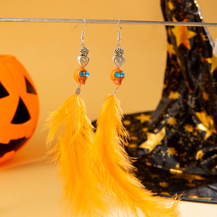 Wholesale Orange Feather Earrings Skull Pumpkin Design Jewelry Accessory MOQ≥2