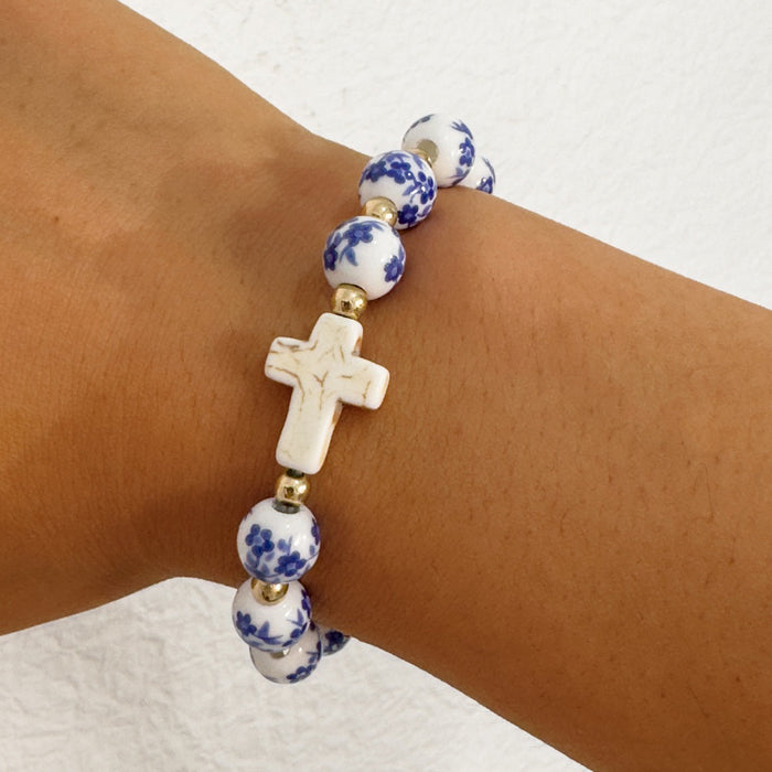 Wholesale Chinese Vintage Ceramic Bead Bracelet with Alphabet Cross Design Fashion Accessory Gift MOQ≥2