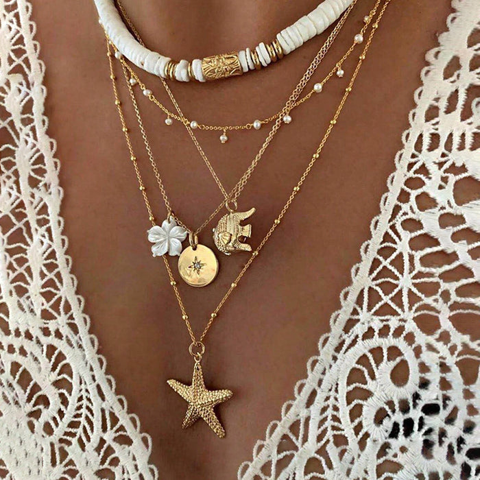 Wholesale Zinc Alloy Layered Necklace with nut Tree Starfish Flower Pendant