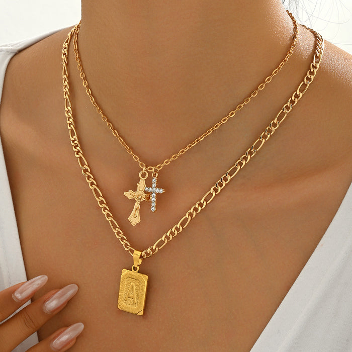 Wholesale Jewelry inlaid rhinestone cross letter square pendant necklace