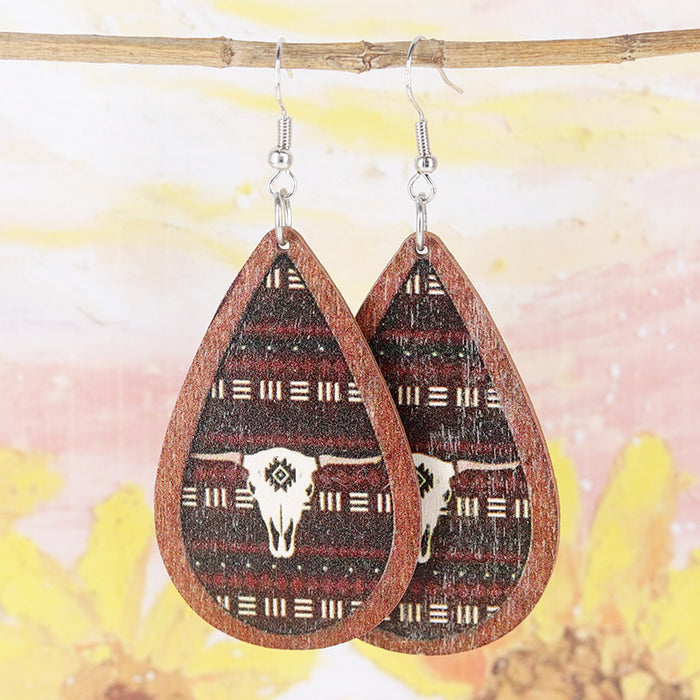 Wholesale Aztec Bohemian Western Old Style Bull Head Colorful Cut Out Women' s Wooden Earrings