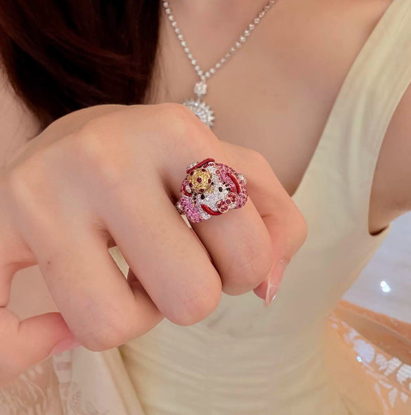 Wholesale Super shiny full diamond pink kitten ring niche design sweet colorful ring
