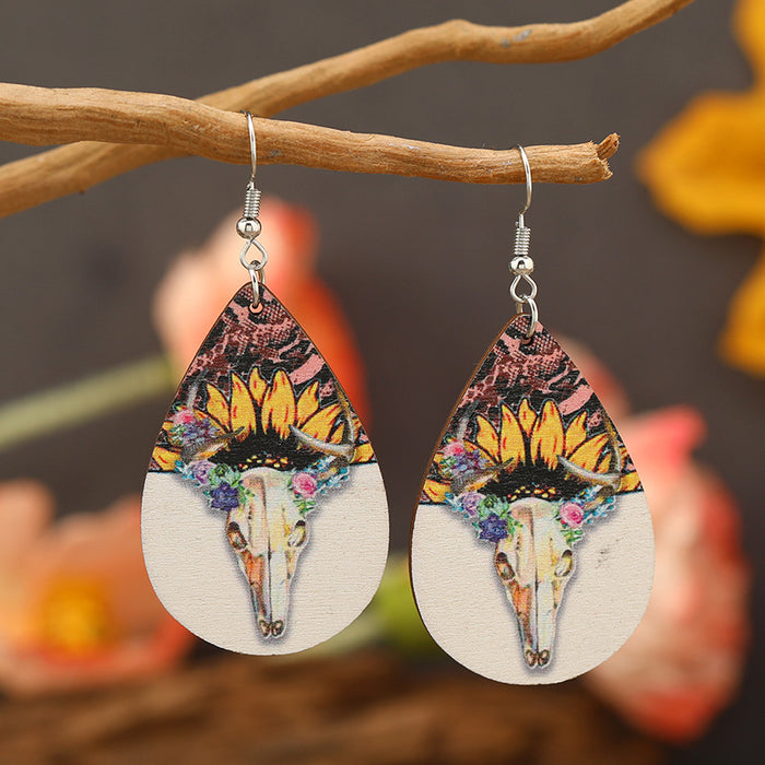 Wholesale Bull head sunflower water drop female model printing personality all-match long earrings trendy street shot wooden
