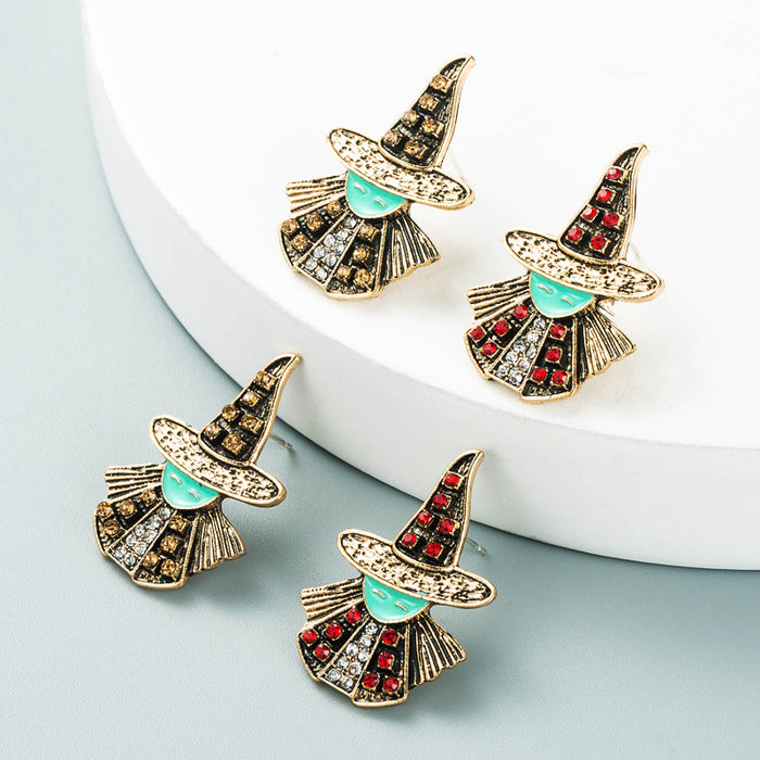 Wholesale Halloween Alloy Diamond Cartoon Witch Earrings Women's Dark Wind Halloween Classic Gift Earrings