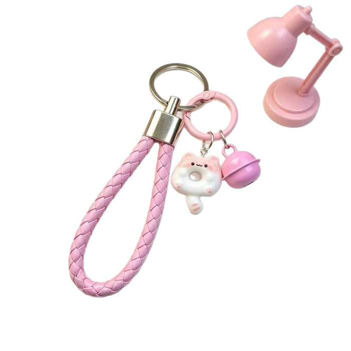 Wholesale Cute Cat Keychain With Resin Donut And Bell Pink Leather Rope Bag Charm And Car Key Accessory