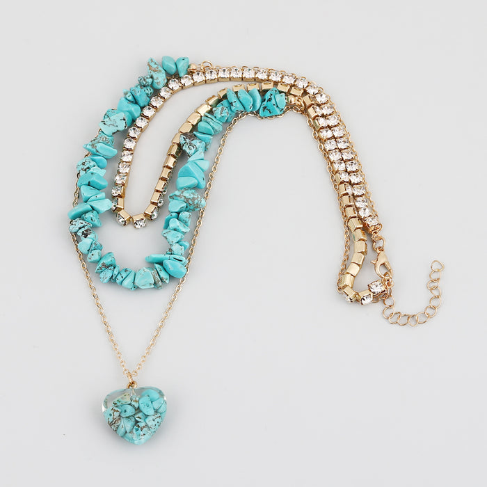 Wholesale alloy rhinestone multi-layer turquoise temperament necklace women
