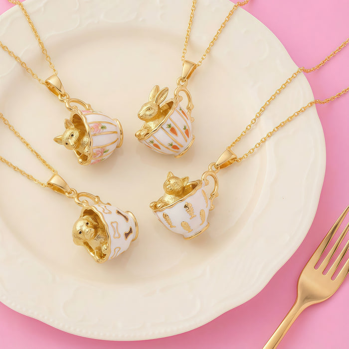 Wholesale Cat dog rabbit fox cup gold pendant necklace teacup rabbit design