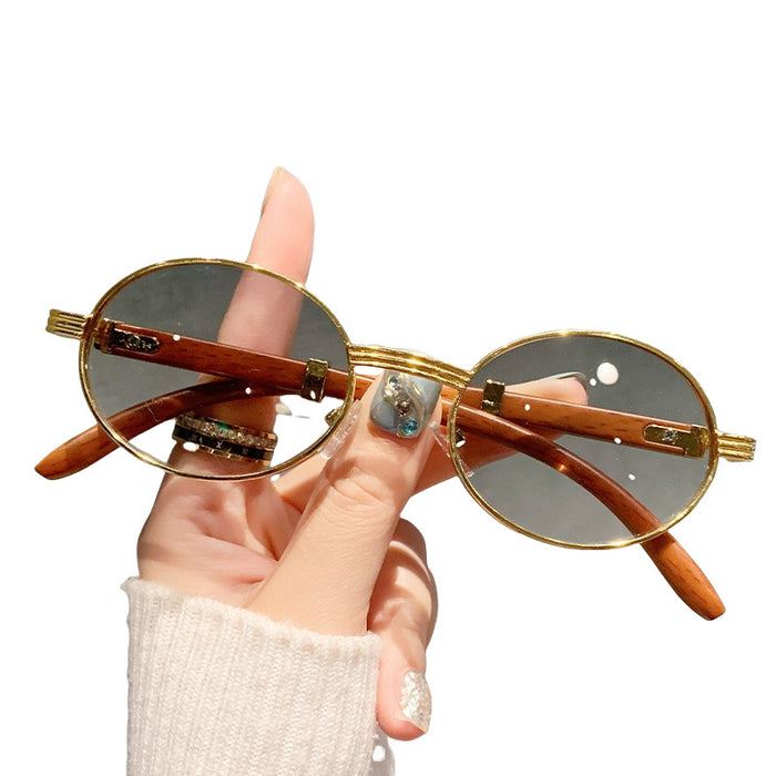 Wholesale  vintage imitation wood grain sunglasses men's oval sunglasses women's trendy  UV protection