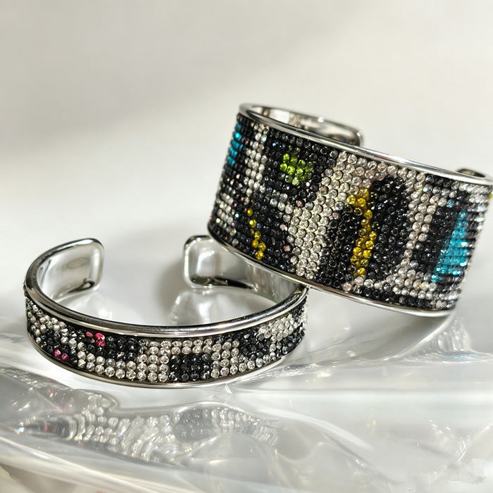 Wholesale Leopard Print Rhinestone Bangle Bracelet Silver Plated Open Cuff Fashion Jewelry Accessory