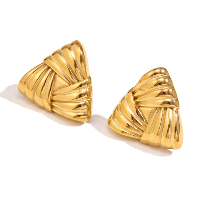 Wholesale retro earrings stainless steel 18K gold plated casting striped wrapped triangle earrings