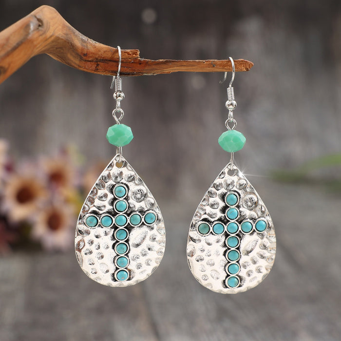 Wholesale Drop-Shaped Hammered Bohemian Earrings Inlaid with Synthetic Turquoise Cross Earrings