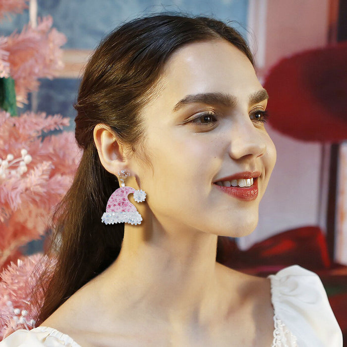Wholesale Christmas Series Earrings Fashionable Acrylic Pink Shiny Colorful Christmas Hat Earrings