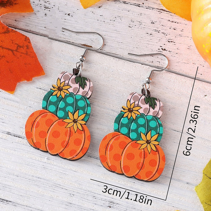 Wholesale Thanksgiving Autumn Harvest Polka Dot Plaid Pumpkin Flower Pendant Wooden Earrings JDC-ES-WenT023