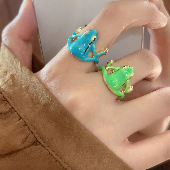 Wholesale Tree frog ring, green ring, niche design, adjustable ring opening