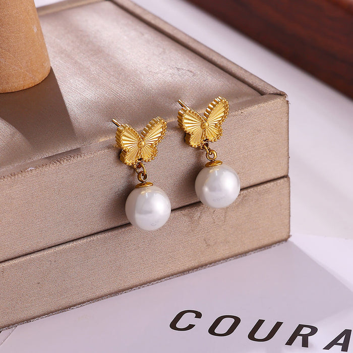 Wholesale Titanium Steel Butterfly Pearl Earrings 18K Gold Plated