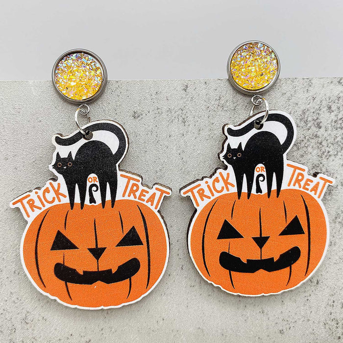 Wholesale Halloween Pumpkin Castle Wooden Earrings JDC-ES-Chengy038