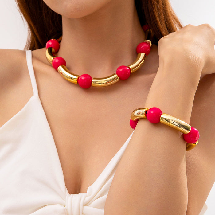 Wholesale Fashionable Geometric Contrast Color Curved Tube Bead Jewelry Set Plastic Boutique Resale Accessory MOQ≥2
