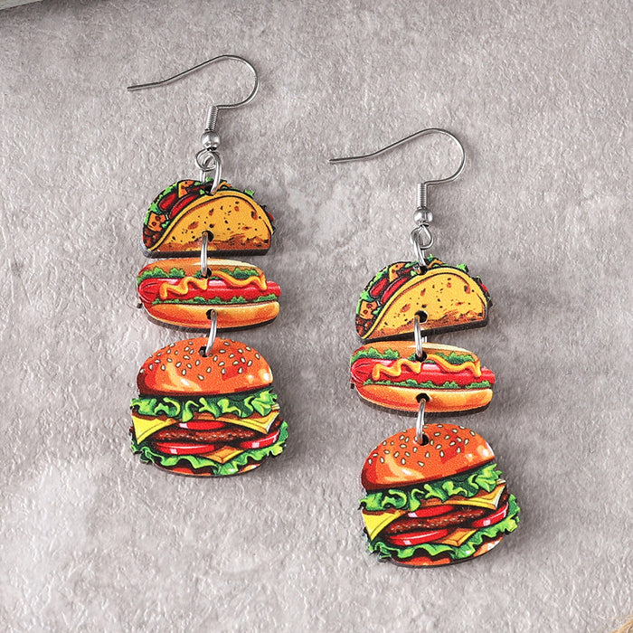Wholesale Cute food apple donut hamburger hot dog triple pendant earrings double-sided wooden earrings