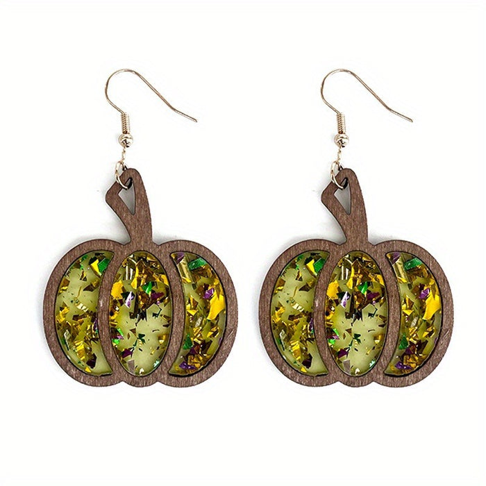 Wholesale Halloween Autumn Pumpkin Wood Inlay Sequin Earrings JDC-ES-XiYin001