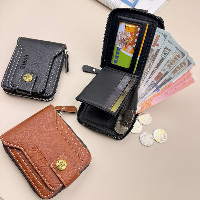 Wholesale Men' s Retro Copper Buckle Zipper Wallet - PU Leather Solid Color MOQ≥2