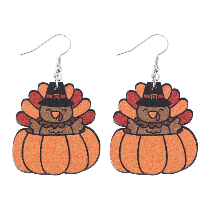 Wholesale Autumn Harvest Thanksgiving Turkey Pumpkin Funny Pendant Earrings Wooden Double-Sided Earrings Gift