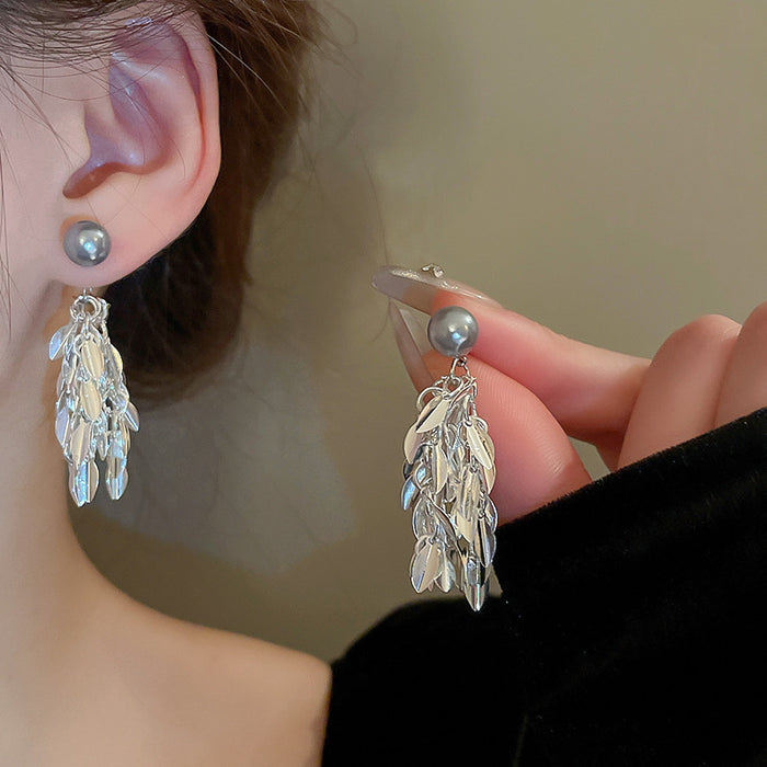 Wholesale metallic leaves tassel imitation pearl silver earrings personality a earrings for women