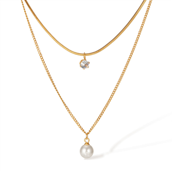 Wholesale Fashion necklace stainless steel temperament commuting pearl zircon double-layer layered collarbone chain