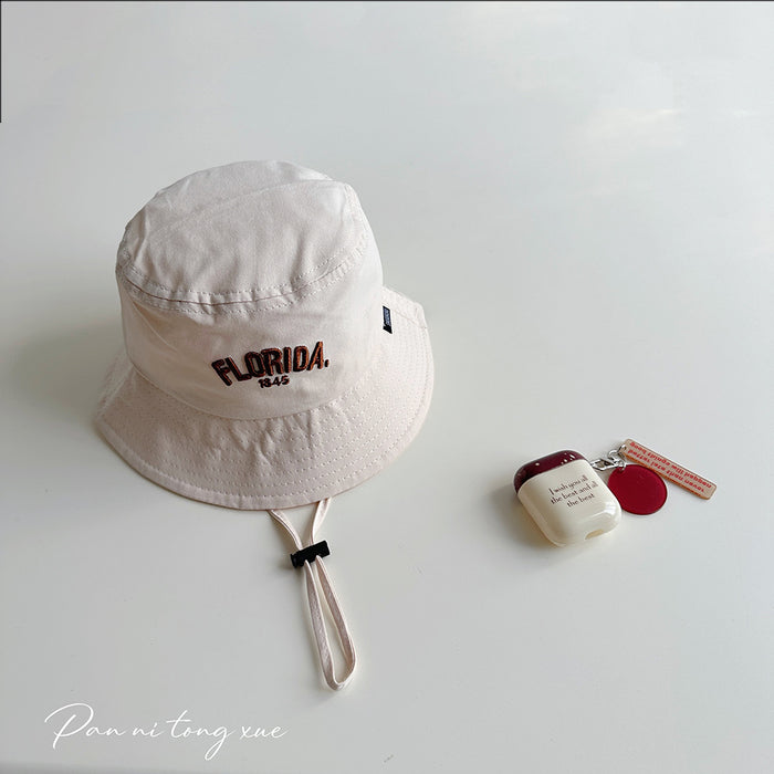 Wholesale Children's big brimmed hat with personalized Western style letters, windproof fisherman hat, sunshade basin hat