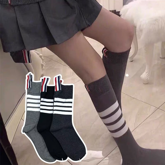 Wholesale Socks men's and women's mid length gray four bar striped pure cotton calf socks