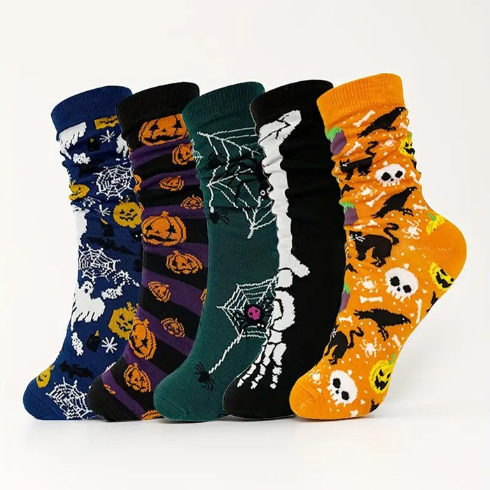 Wholesale 5pcs Halloween Skull Pumpkin Cartoon Printed Casual Polyester Middle Tube Socks JDC-SK-Xinh022