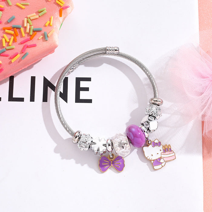 Wholesale Cartoon Stainless Steel Silver Bracelet Bow Pendant Beaded Charms Bracelet